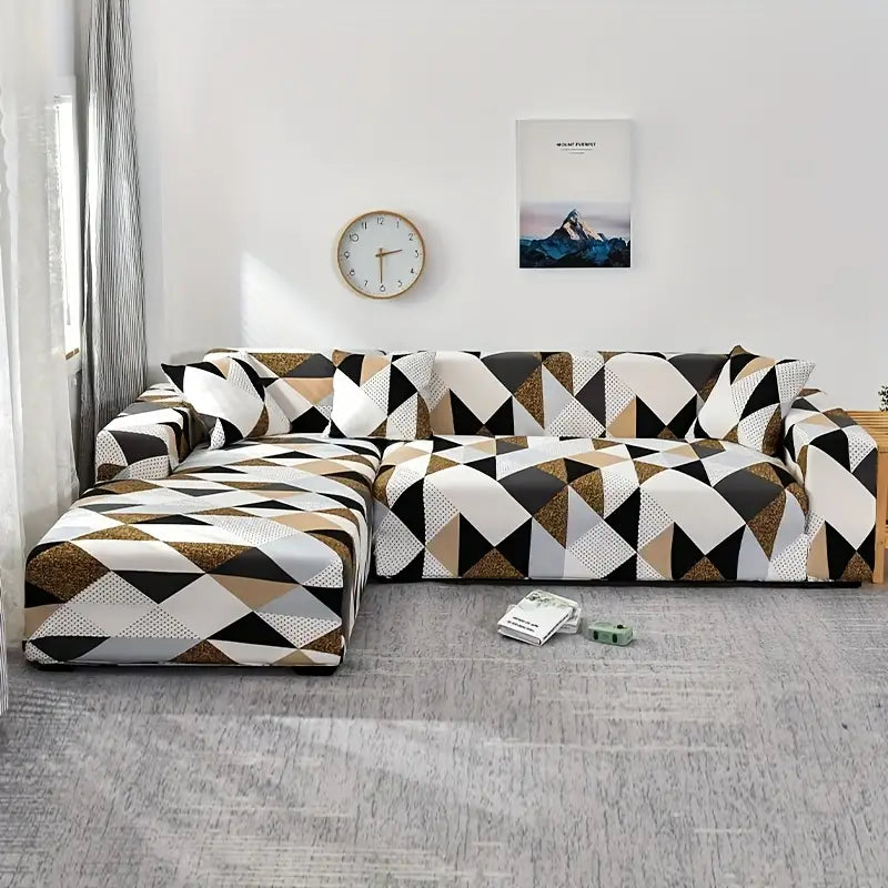 L Shape Sofa Cover- Geometric Brown - Luxury Quality Strechable & Dust-proof Sofa Cover