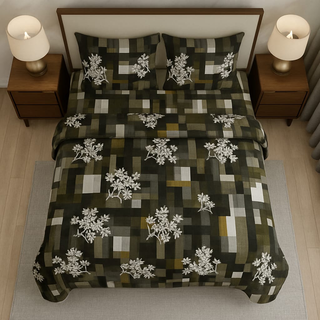 Olive Green Flooral print/ Pure Cotton King Size Bedsheet - Super Furnishing