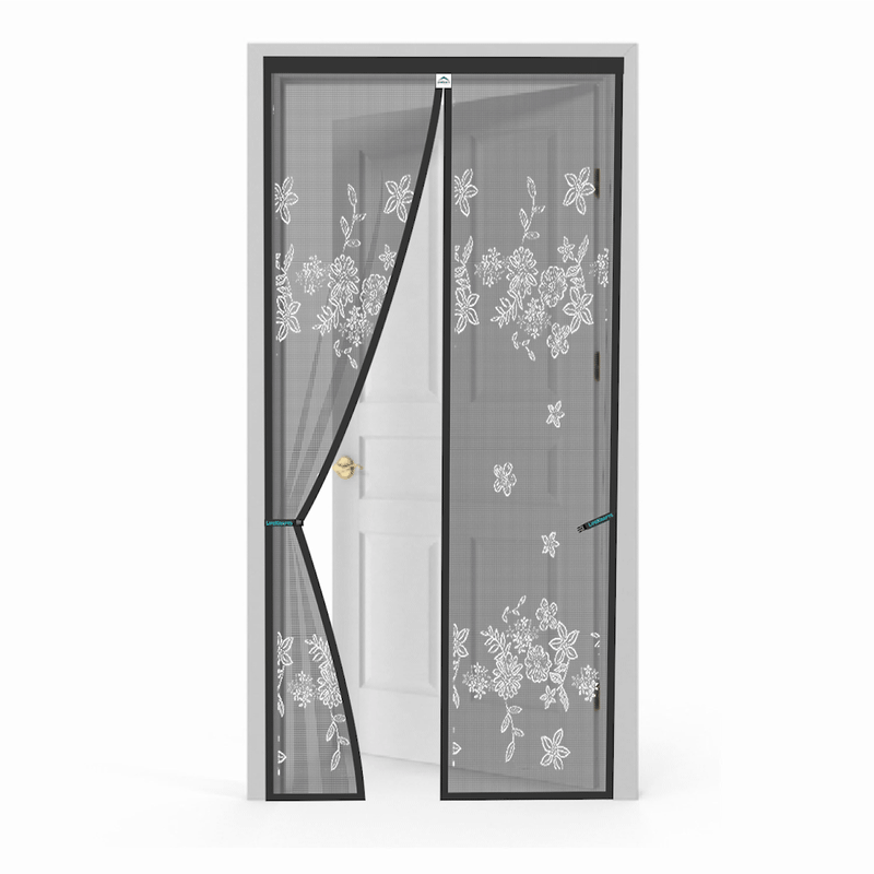 Polyester Printed Magnetic Door Mosquito Net – Floral Jacquard Grey Design