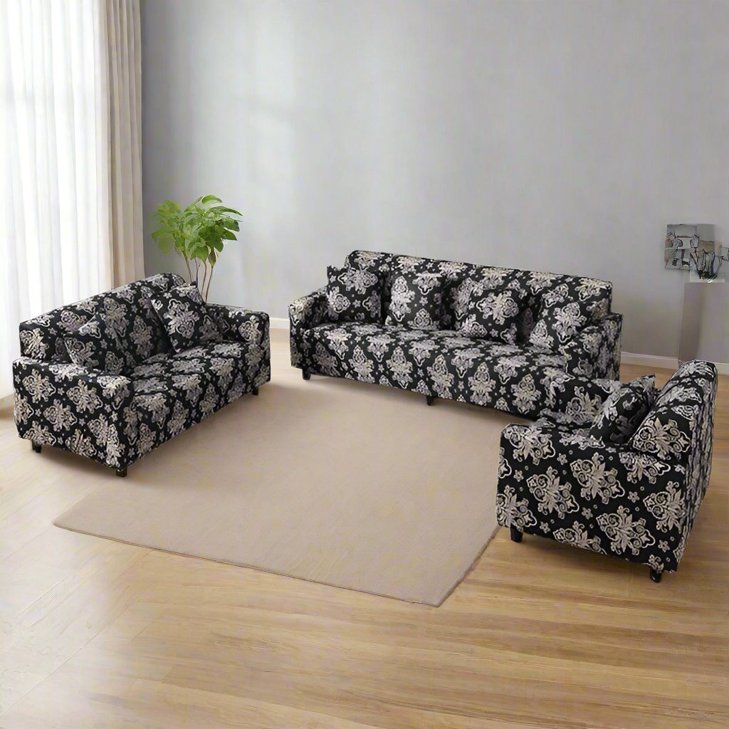 Buy washable sofa covers online in Dombivli & across India – available for 3-seater, 5-seater & L-shape sofas in multiple colors like grey, blue, beige, brown & floral prints – Super Furnishing