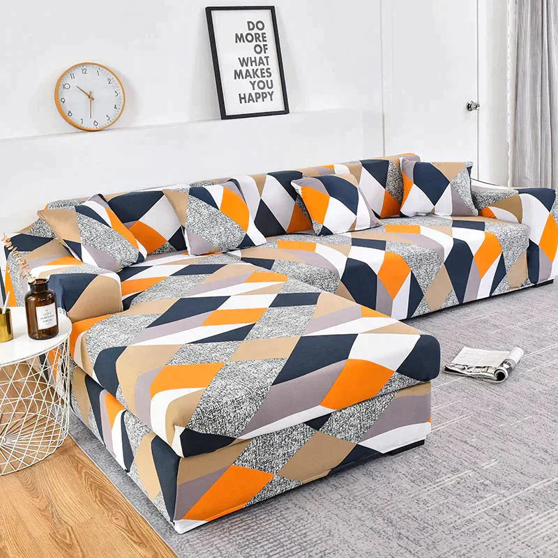 L Shape Sofa Cover-Prism Orange - Luxury Quality Strechable & Dust-proof Sofa Cover