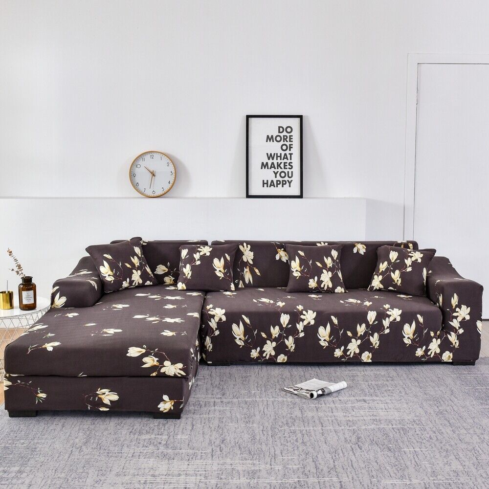 L Shape Sofa Cover- Floral Dark Coffee - Luxury Quality Strechable & Dust-proof Sofa Cover