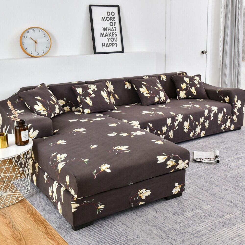 L Shape Sofa Cover- Floral Dark Coffee - Luxury Quality Strechable & Dust-proof Sofa Cover