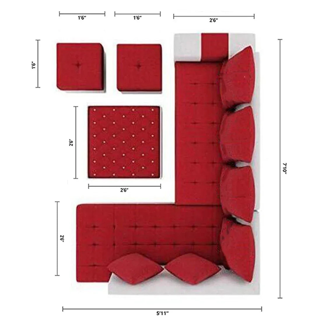 Steffan 8 Seater L Shape Fabric Sofa Set with Centre Table and 2 Puffy | Premium 8 Seater Sofa Set