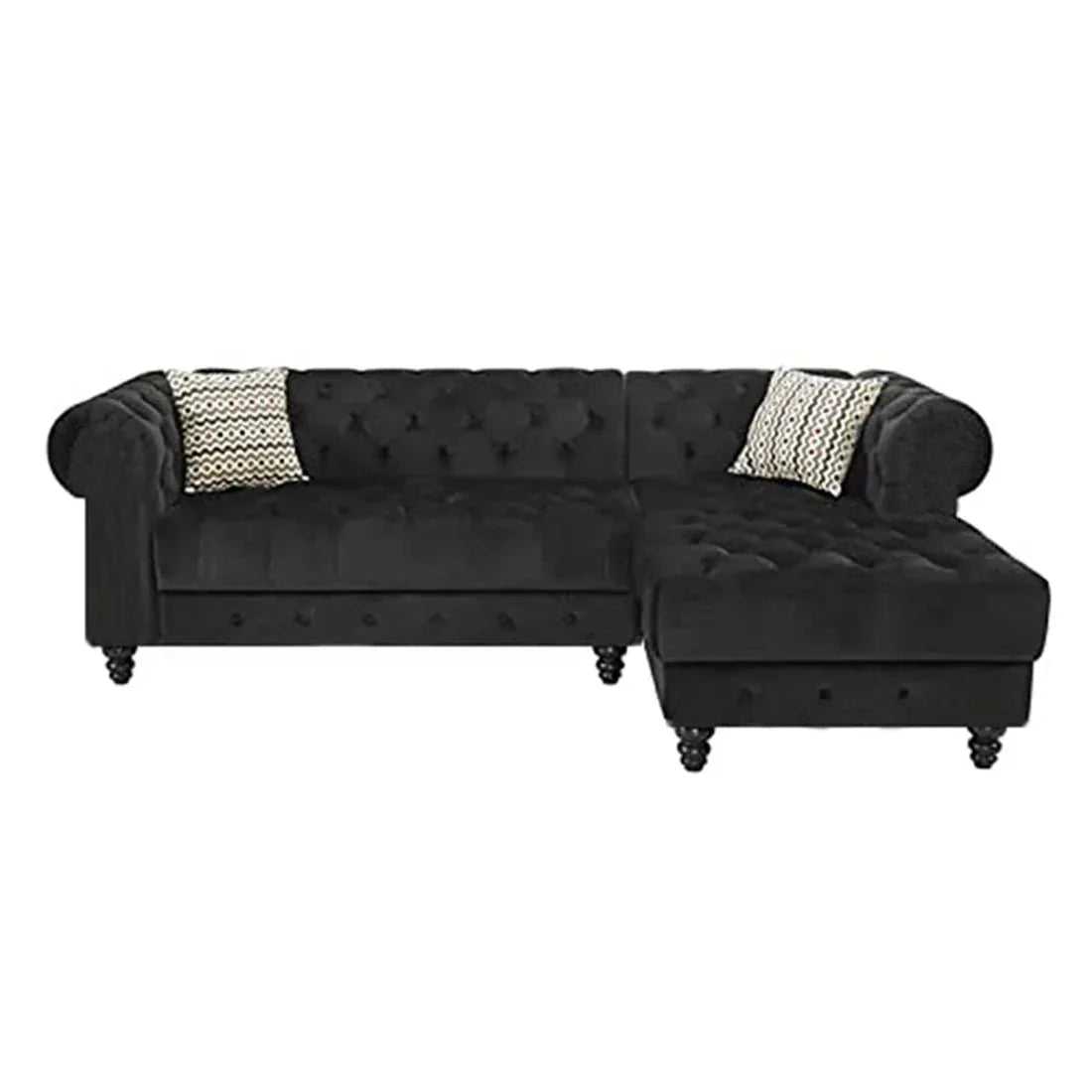 Cannes Solid Wood 5 Seater L Shape Fabric Chesterfield Sofa for Living - Black