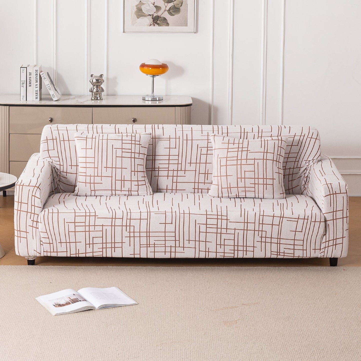 'Crossline Series' Jacquard Sofa Cover 1/2/3/4-seater Fully Covered, Rust Brown