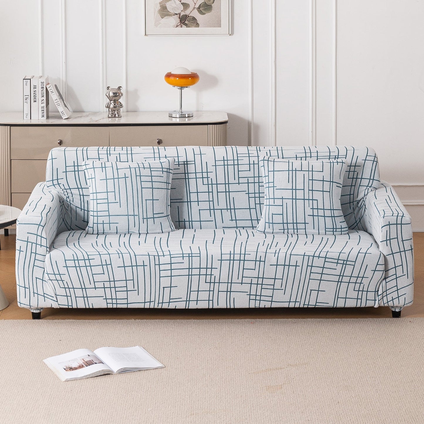 'Crossline Series' Jacquard Sofa Cover 1/2/3/4-seater Fully Covered, Teal Blue