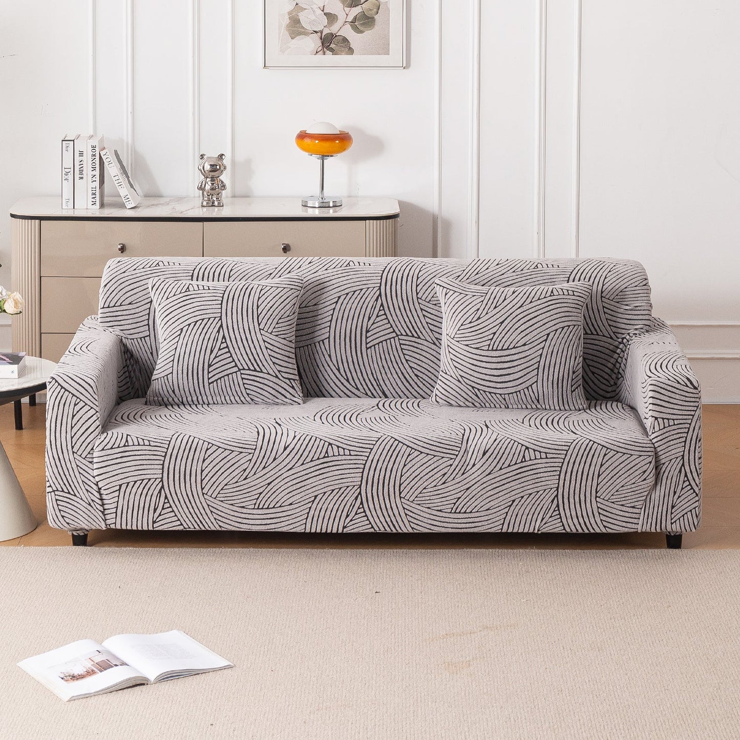 'WaveLine Series' Jacquard Sofa Cover 1/2/3/4-seater Fully Covered, Ash Grey