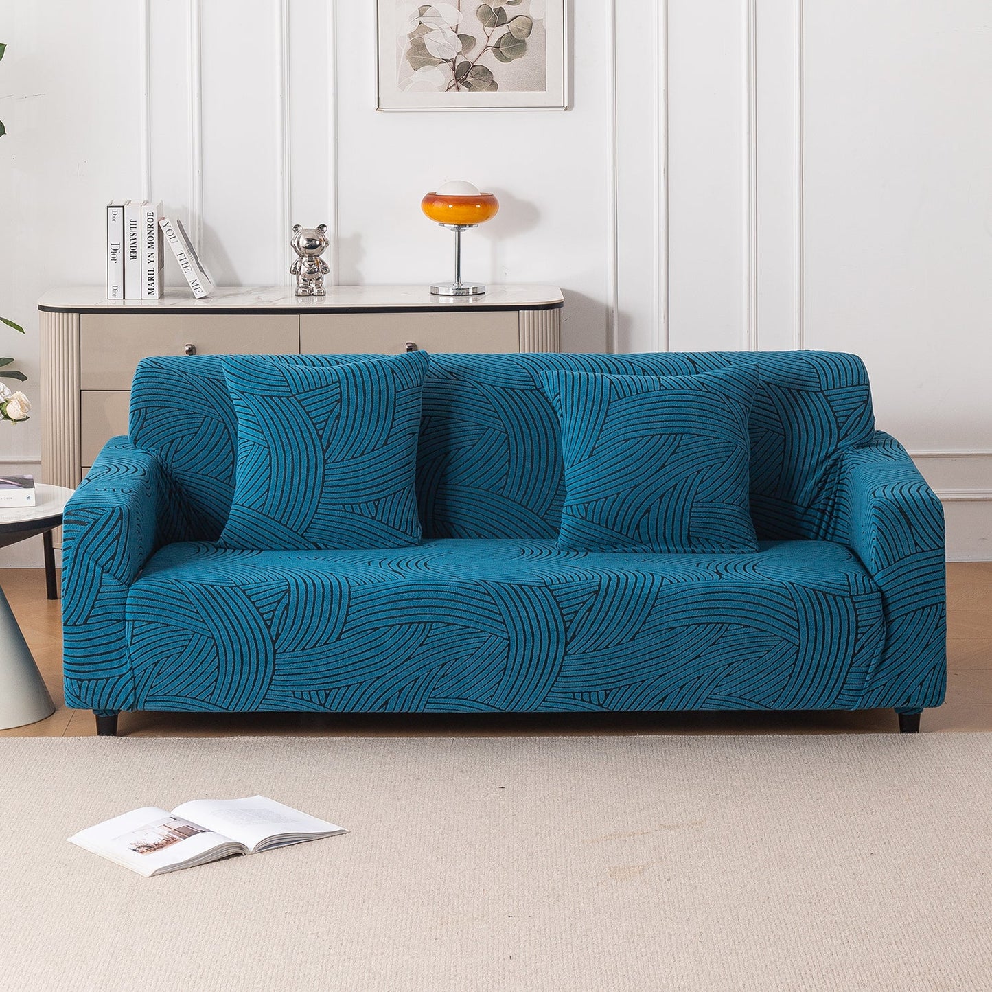 'WaveLine Series' Jacquard Sofa Cover 1/2/3/4-seater Fully Covered, Teal Green