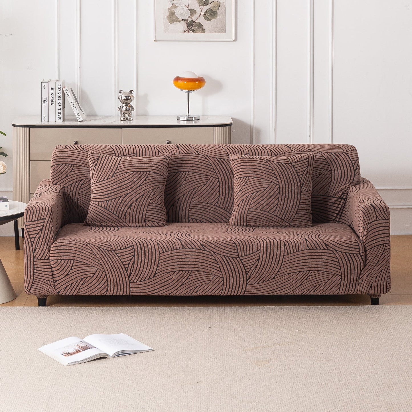 'WaveLine Series' Jacquard Sofa Cover 1/2/3/4-seater Fully Covered, Rust Brown