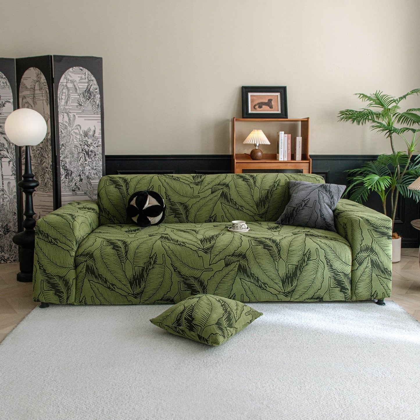 Dual Tone Knitting Jacquard Sofa Cover 1/2/3 Seater Fully Covered - Olive Green