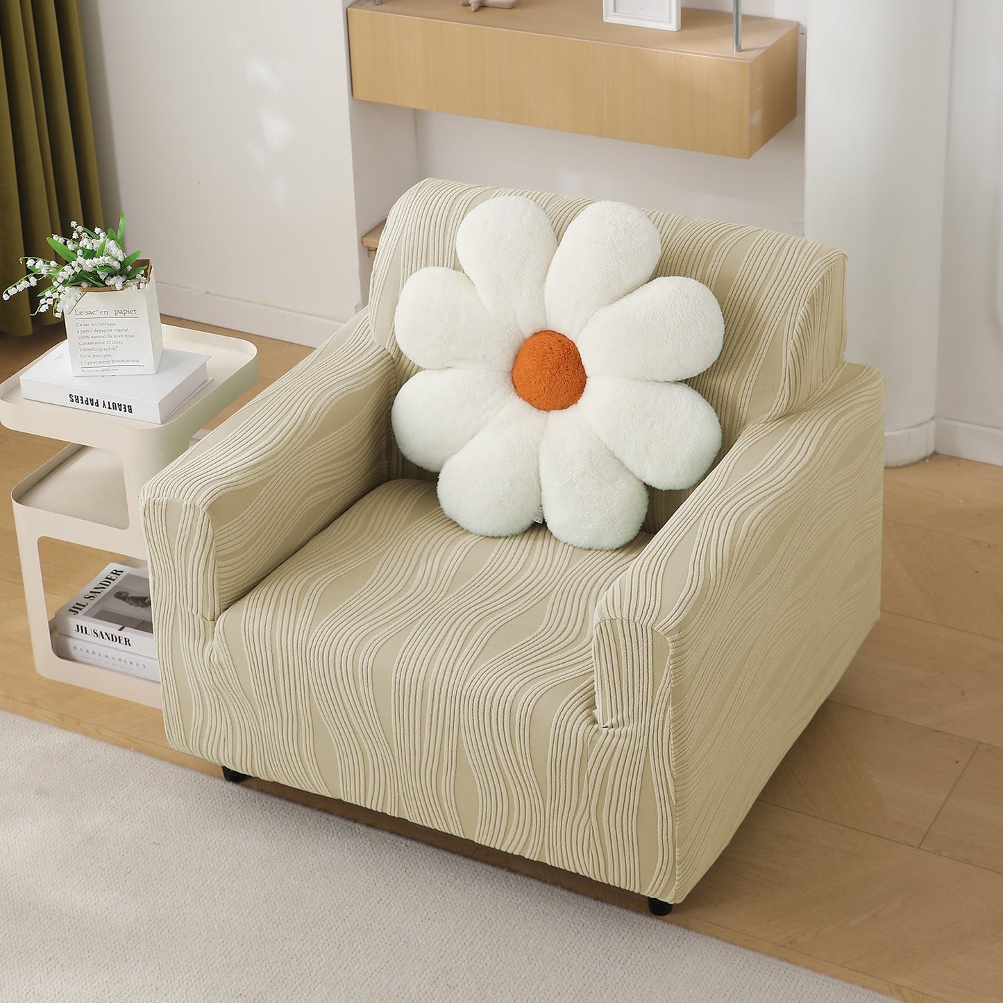 200gsm Knitting Jacquard Sofa Cover 1/2/3/4 Seater Fully Covered, Skimmed Cream