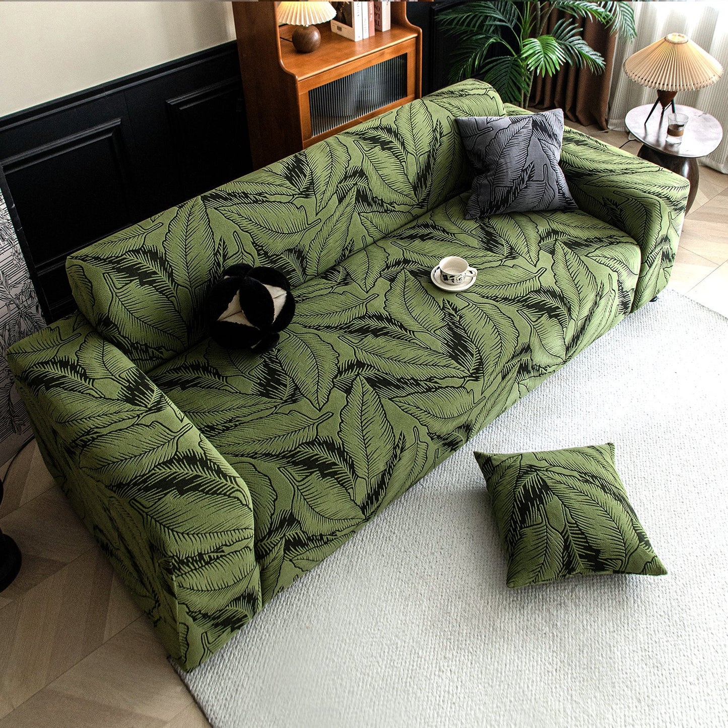 Dual Tone Knitting Jacquard Sofa Cover 1/2/3 Seater Fully Covered - Olive Green