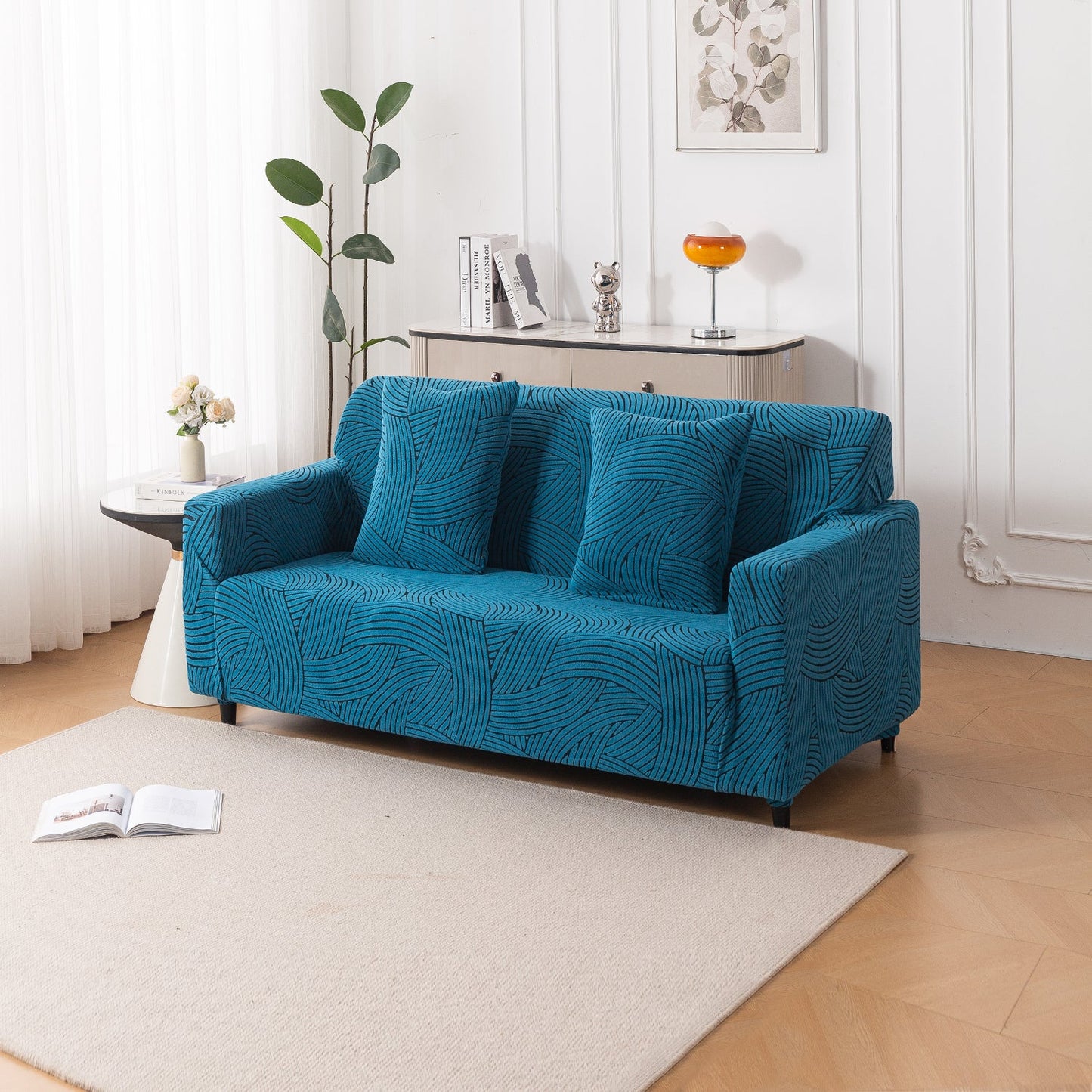 'WaveLine Series' Jacquard Sofa Cover 1/2/3/4-seater Fully Covered, Teal Green
