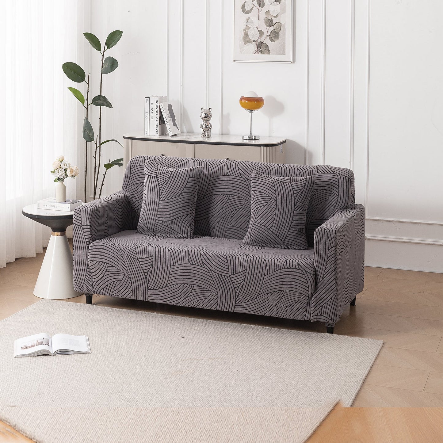 'WaveLine Series' Jacquard Sofa Cover 1/2/3/4-seater Fully Covered, Charcoal Grey