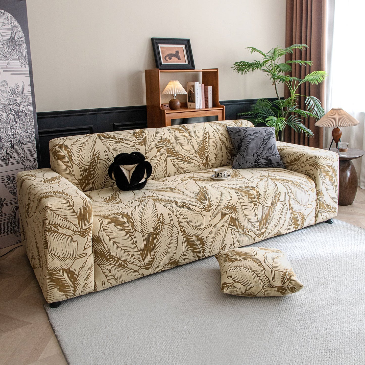 Dual Tone Knitting Jacquard Sofa Cover 1/2/3 Seater Fully Covered - Beige