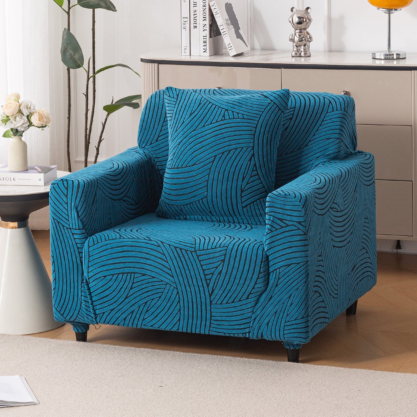 'WaveLine Series' Jacquard Sofa Cover 1/2/3/4-seater Fully Covered, Teal Green