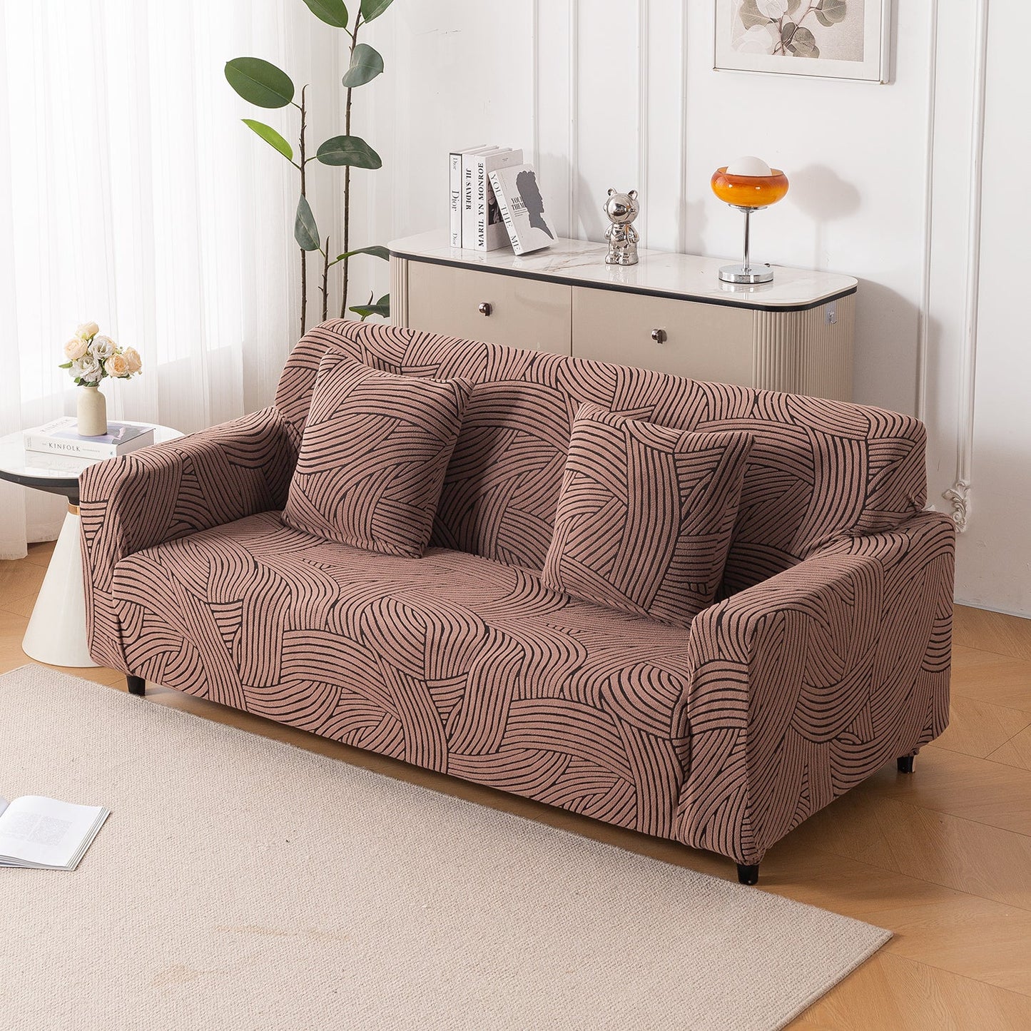 'WaveLine Series' Jacquard Sofa Cover 1/2/3/4-seater Fully Covered, Rust Brown
