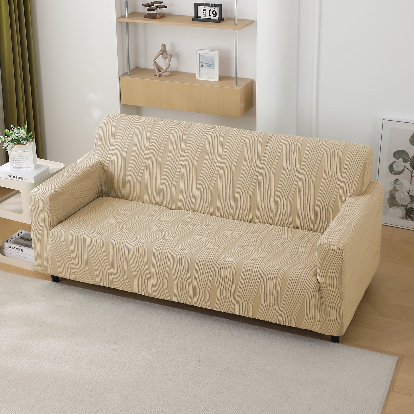 200gsm Knitting Jacquard Sofa Cover 1/2/3/4 Seater Fully Covered, Blush Beige