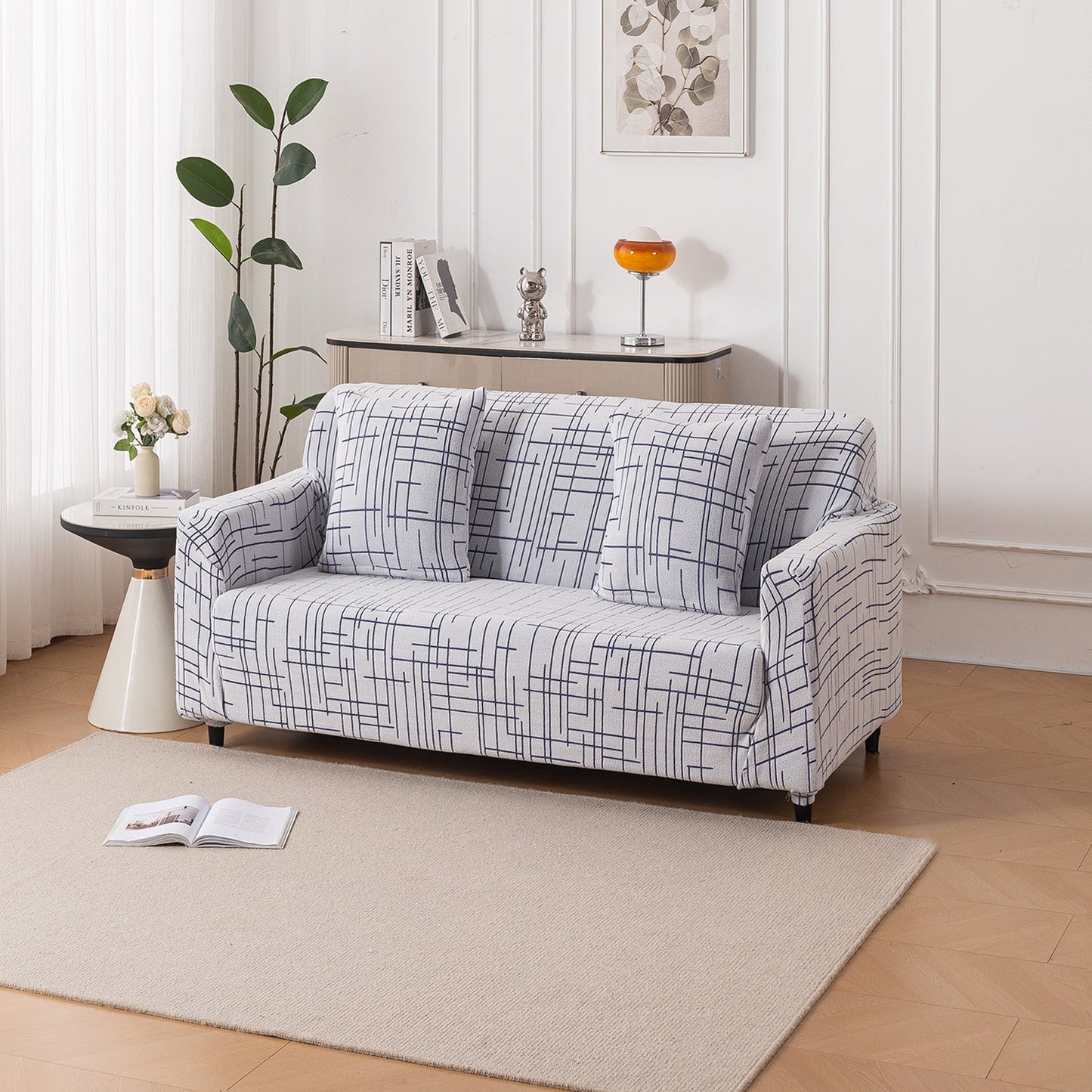 'Crossline Series' Jacquard Sofa Cover 1/2/3/4-seater Fully Covered, Navy Blue