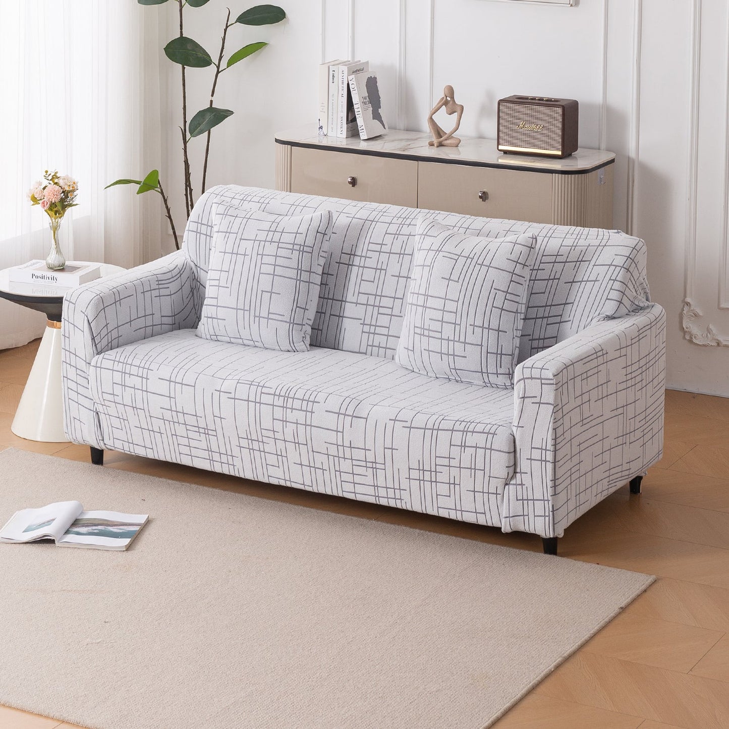 'Crossline Series' Jacquard Sofa Cover 1/2/3/4-seater Fully Covered, Light Grey