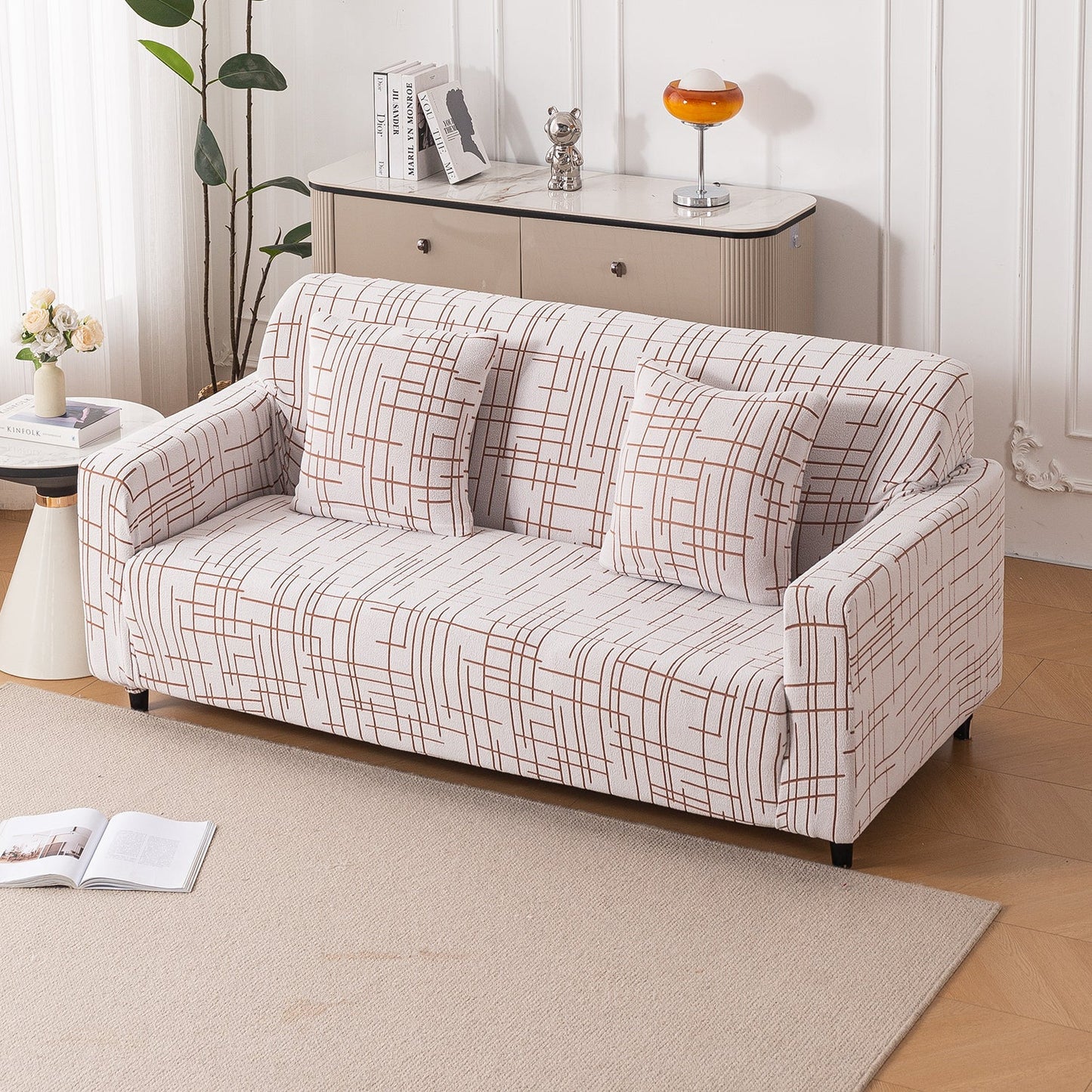 'Crossline Series' Jacquard Sofa Cover 1/2/3/4-seater Fully Covered, Rust Brown