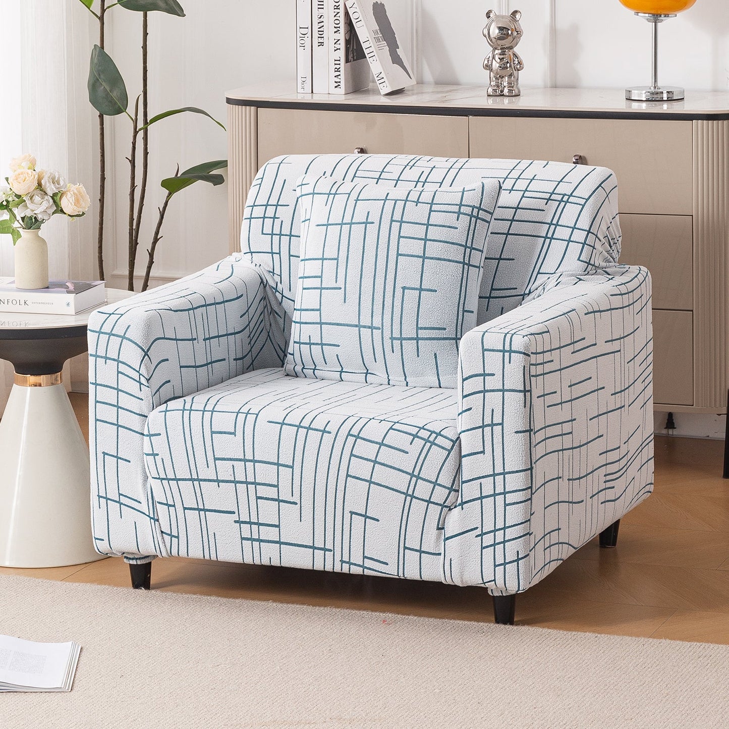 'Crossline Series' Jacquard Sofa Cover 1/2/3/4-seater Fully Covered, Teal Blue