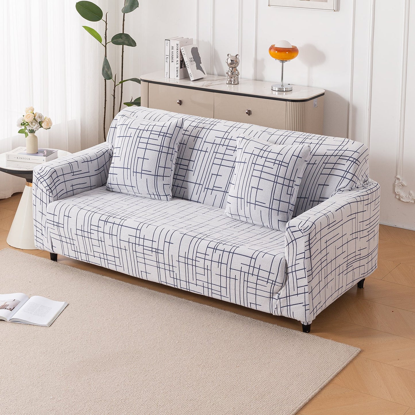 'Crossline Series' Jacquard Sofa Cover 1/2/3/4-seater Fully Covered, Navy Blue