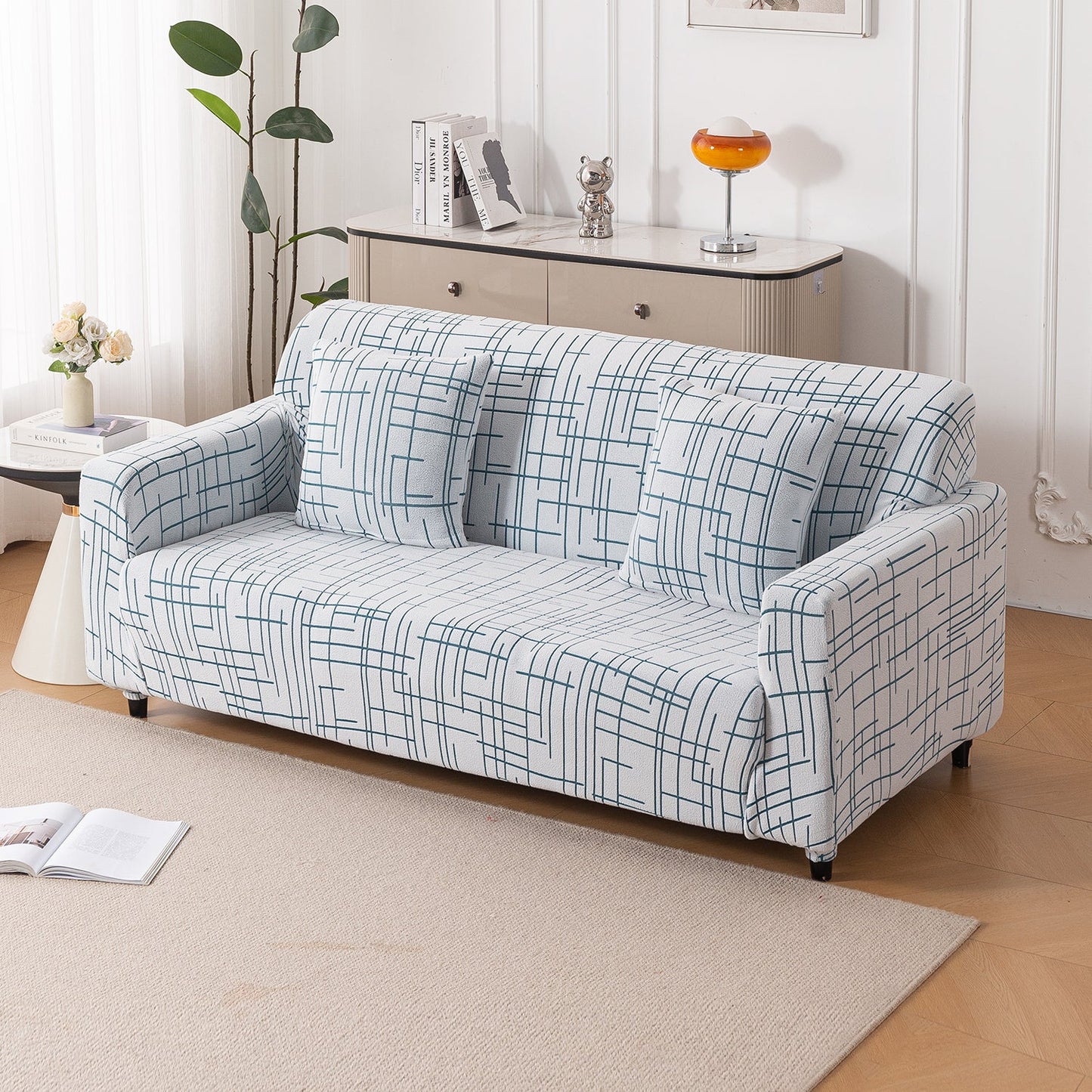'Crossline Series' Jacquard Sofa Cover 1/2/3/4-seater Fully Covered, Teal Blue