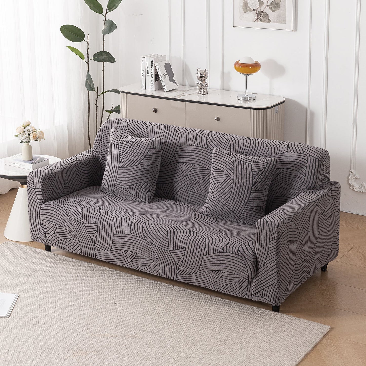 'WaveLine Series' Jacquard Sofa Cover 1/2/3/4-seater Fully Covered, Charcoal Grey
