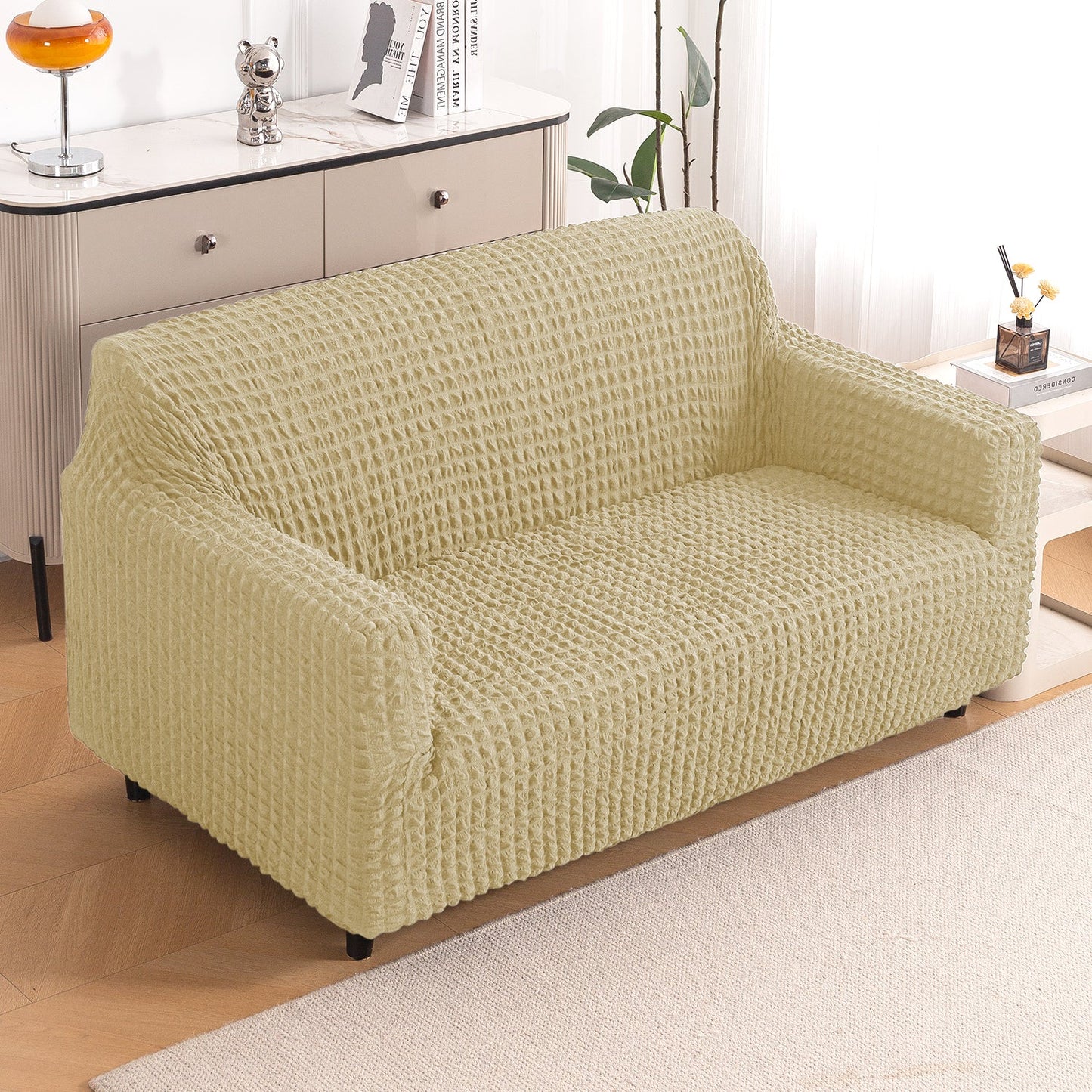 Aria Nova Elastic 280 GSM Stretchable Bubble Sofa Cover , Beige