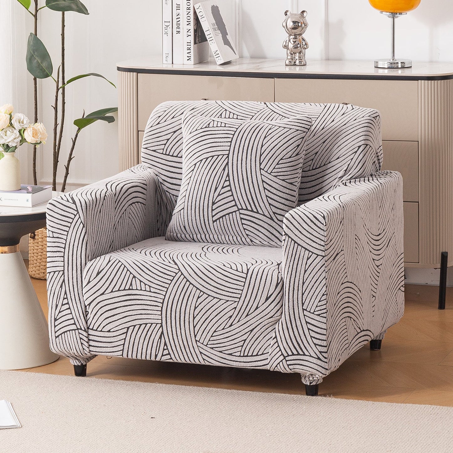 'WaveLine Series' Jacquard Sofa Cover 1/2/3/4-seater Fully Covered, Classic White