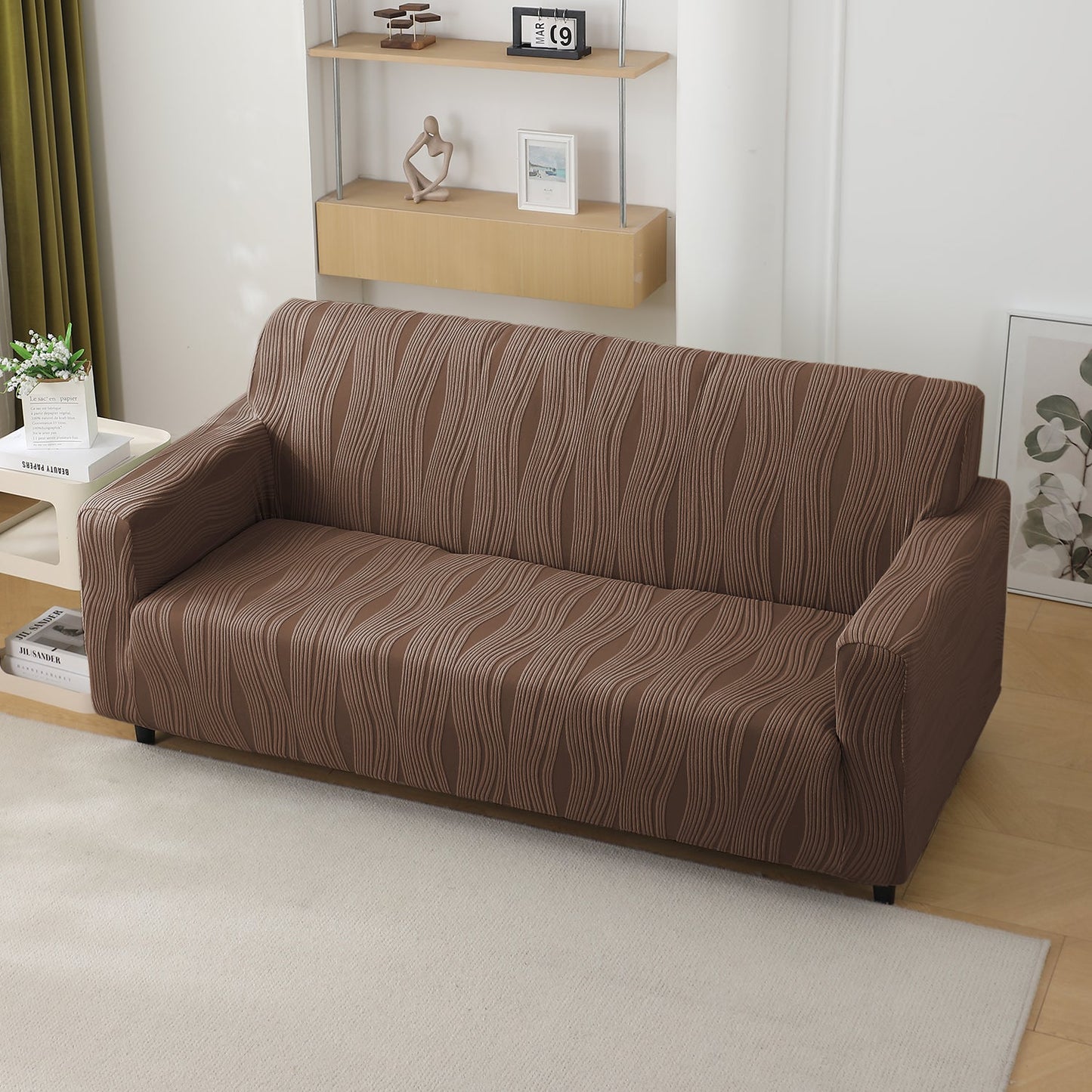 200gsm Knitting Jacquard Sofa Cover 1/2/3/4 Seater Fully Covered, Chocolate Brown