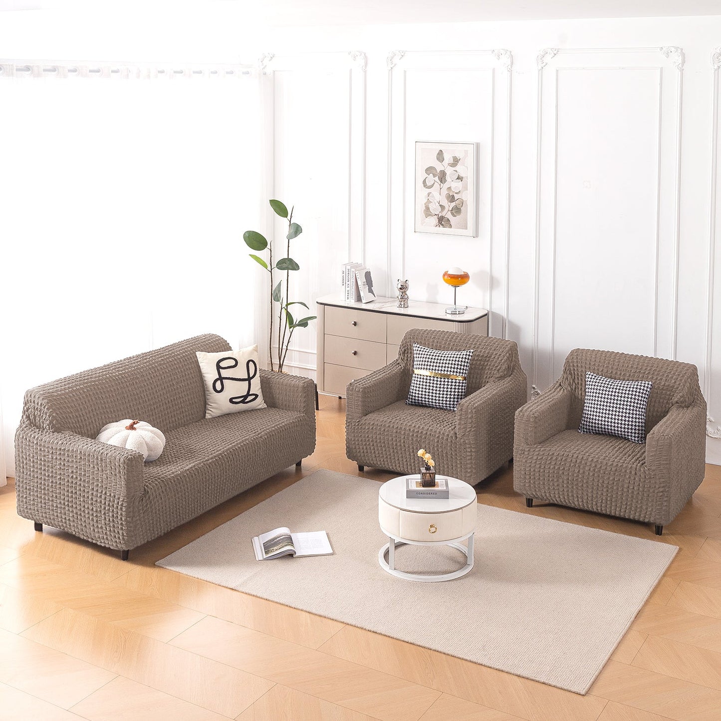 Aria Nova Elastic 280 GSM Stretchable Bubble Sofa Cover , Mocha Brown