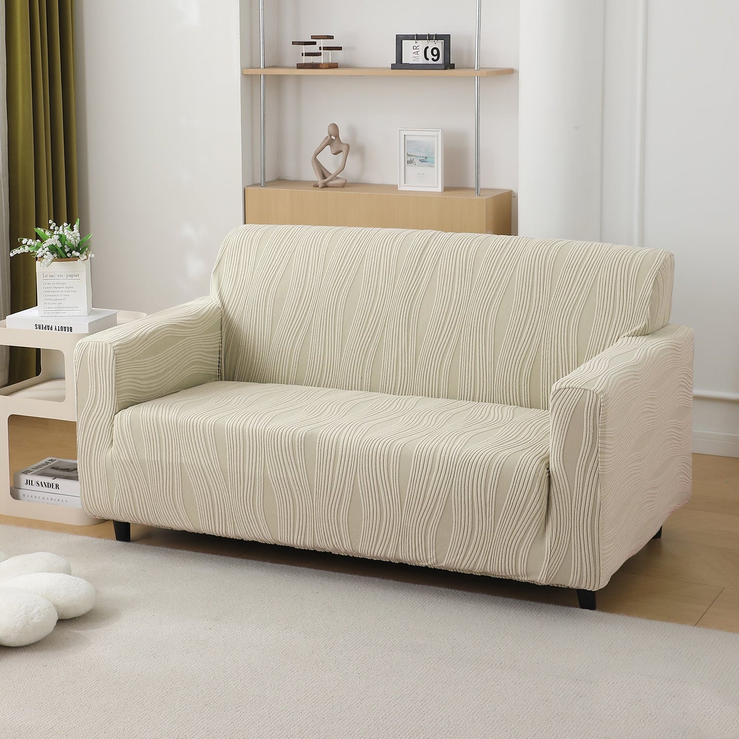 200gsm Knitting Jacquard Sofa Cover 1/2/3/4 Seater Fully Covered, Skimmed Cream