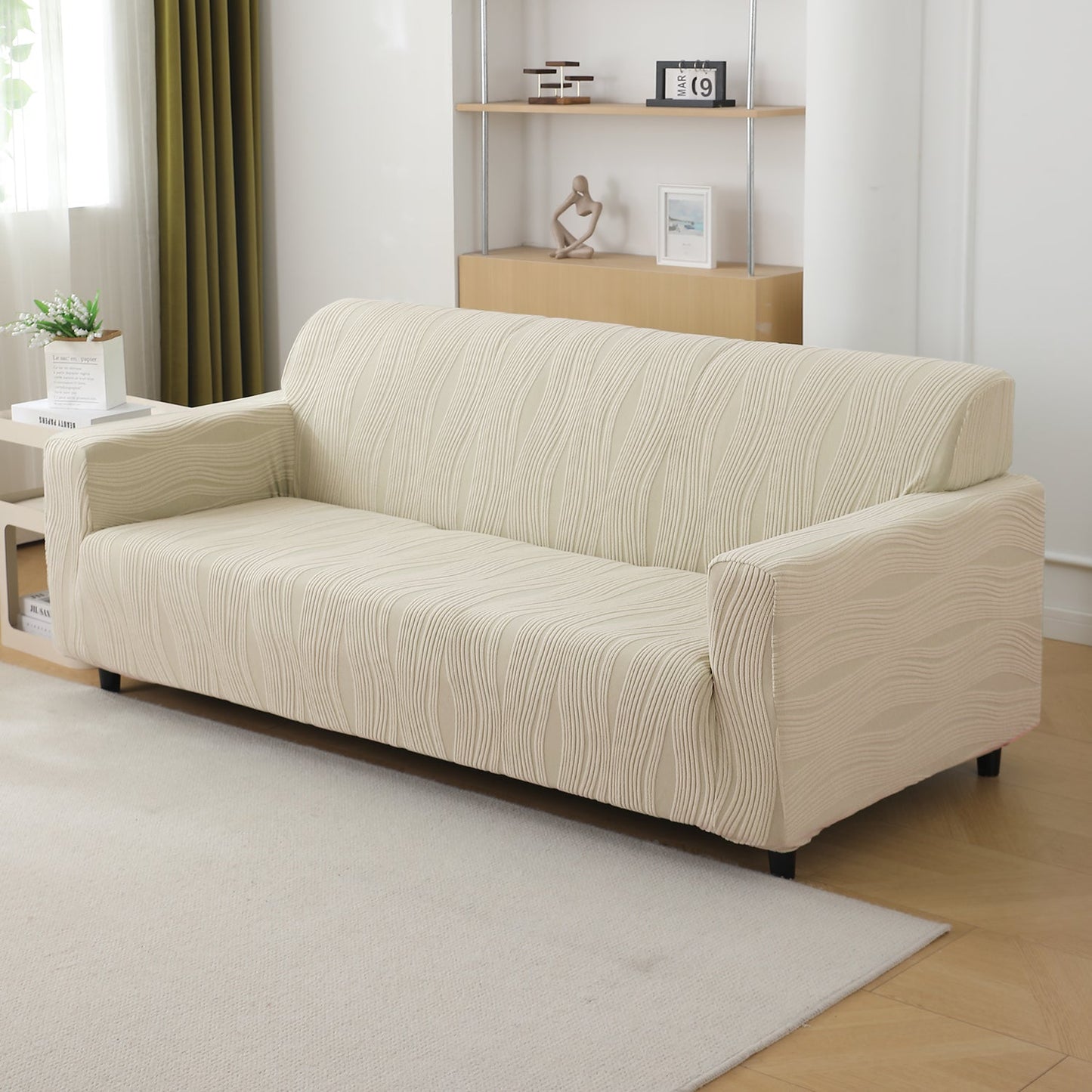 200gsm Knitting Jacquard Sofa Cover 1/2/3/4 Seater Fully Covered, Skimmed Cream