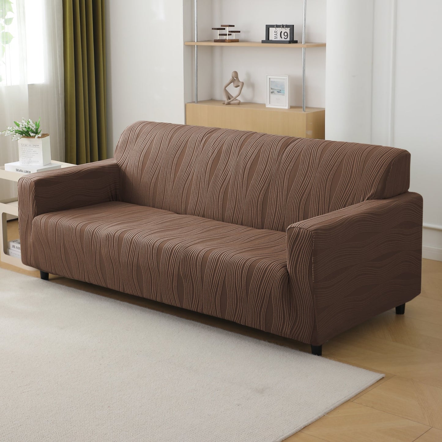 200gsm Knitting Jacquard Sofa Cover 1/2/3/4 Seater Fully Covered, Chocolate Brown