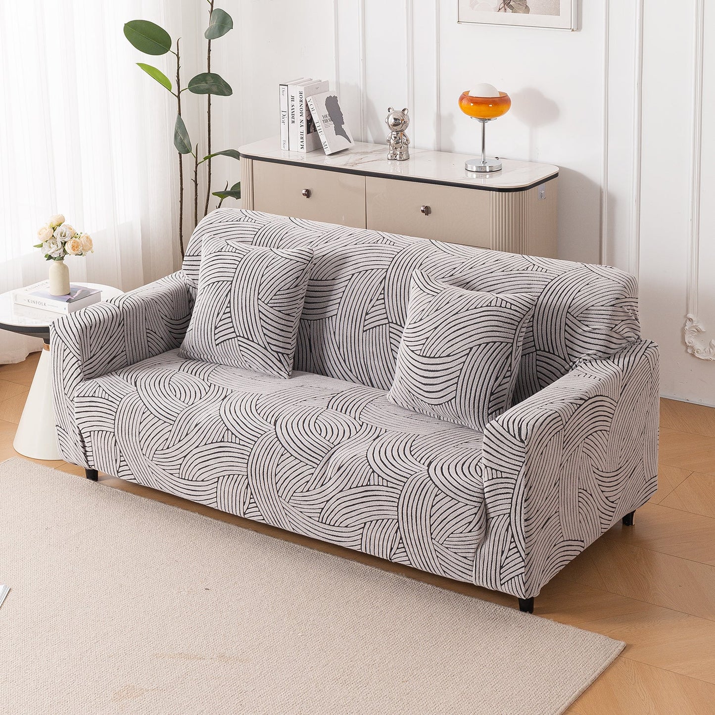 'WaveLine Series' Jacquard Sofa Cover 1/2/3/4-seater Fully Covered, Ash Grey