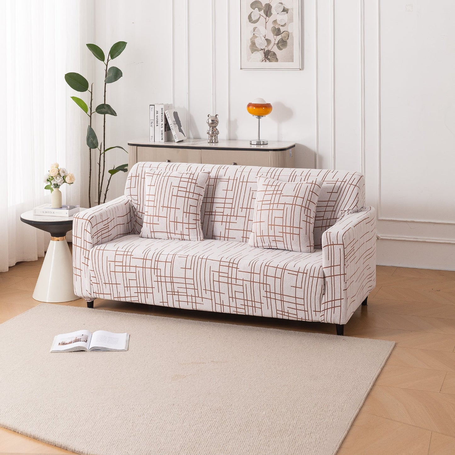 'Crossline Series' Jacquard Sofa Cover 1/2/3/4-seater Fully Covered, Rust Brown