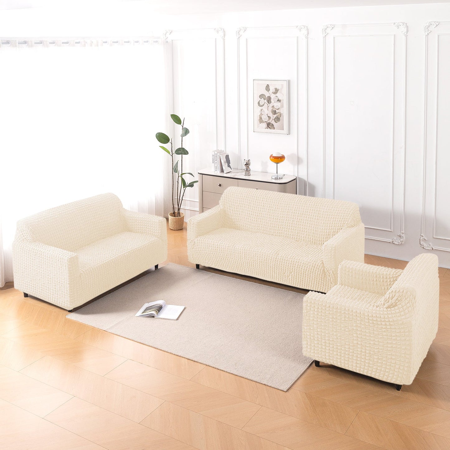 Aria Nova Elastic 280 GSM Stretchable Bubble Sofa Cover, Light Cream