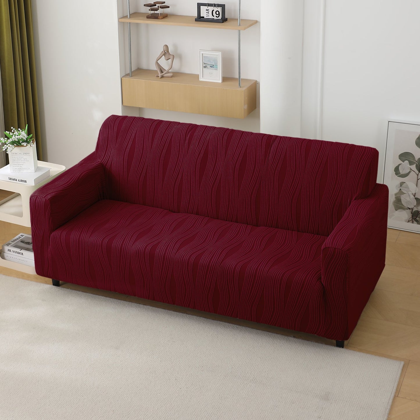 200gsm Knitting Jacquard Sofa Cover 1/2/3/4 Seater Fully Covered, Burgundy
