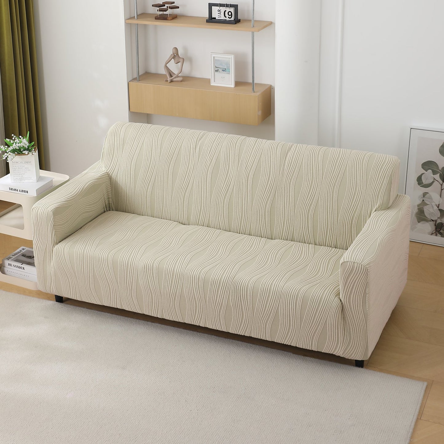 200gsm Knitting Jacquard Sofa Cover 1/2/3/4 Seater Fully Covered, Skimmed Cream