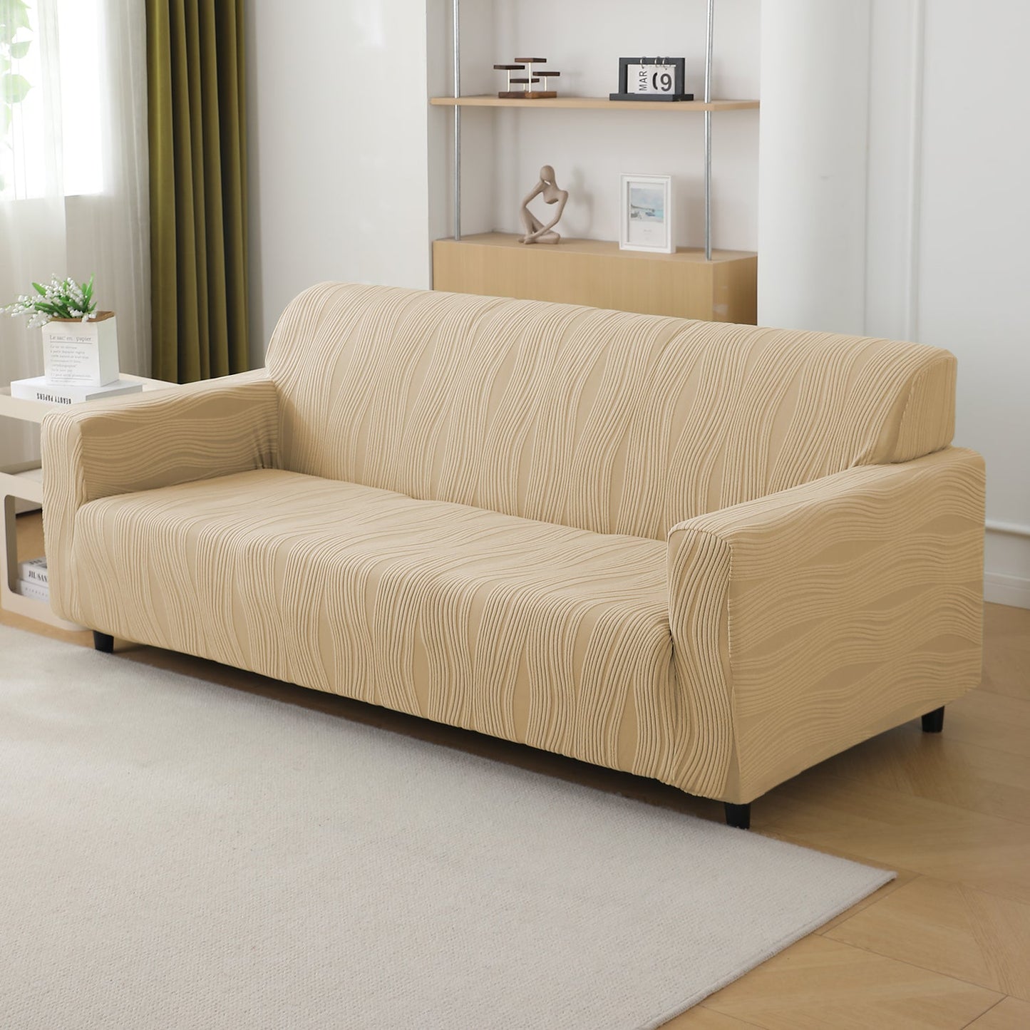 200gsm Knitting Jacquard Sofa Cover 1/2/3/4 Seater Fully Covered, Blush Beige