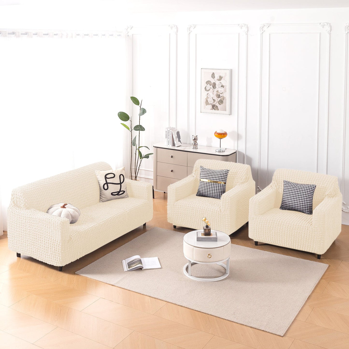Aria Nova Elastic 280 GSM Stretchable Bubble Sofa Cover, Light Cream