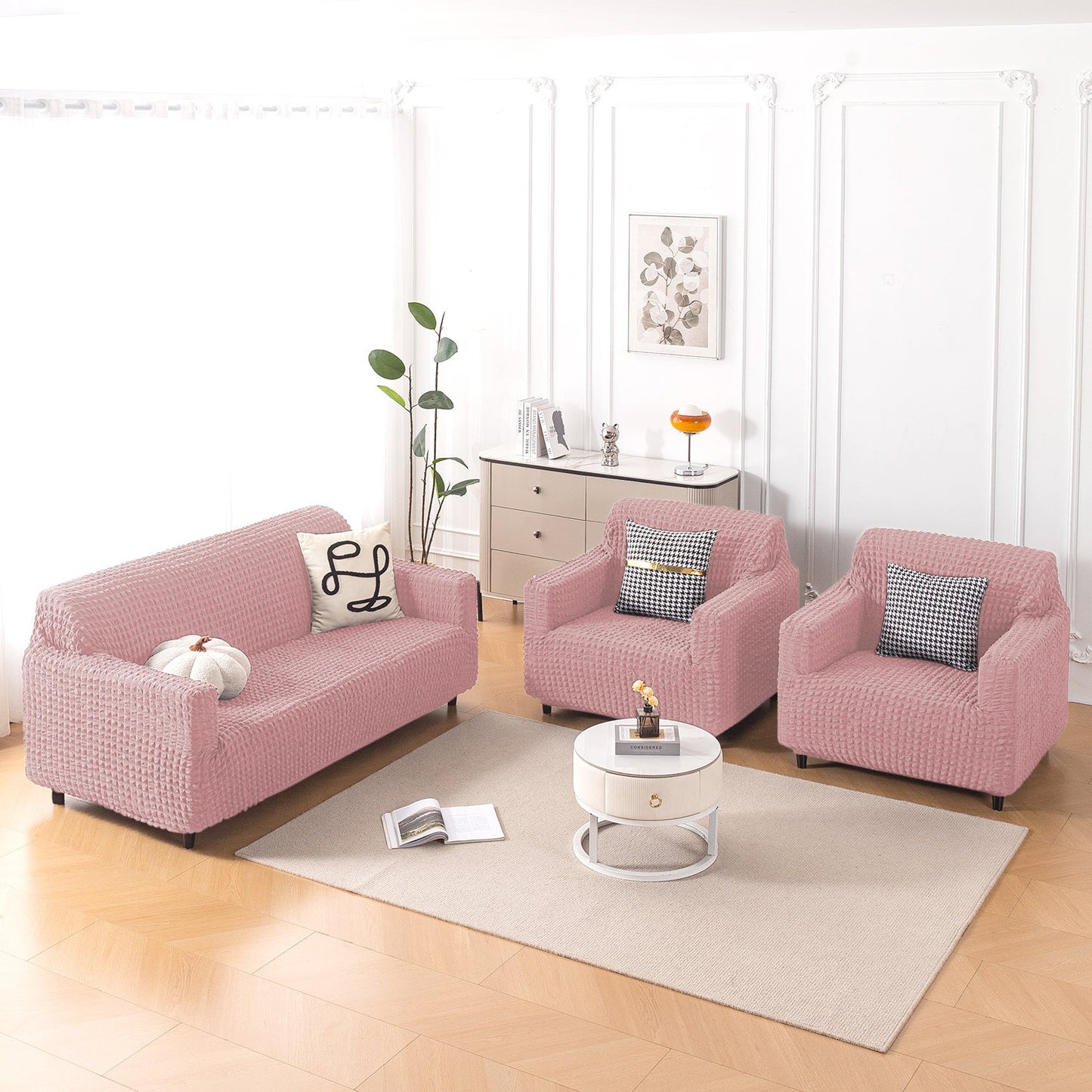 Aria Nova Elastic 280 GSM Stretchable Bubble Sofa Cover, Tea Rose Pink