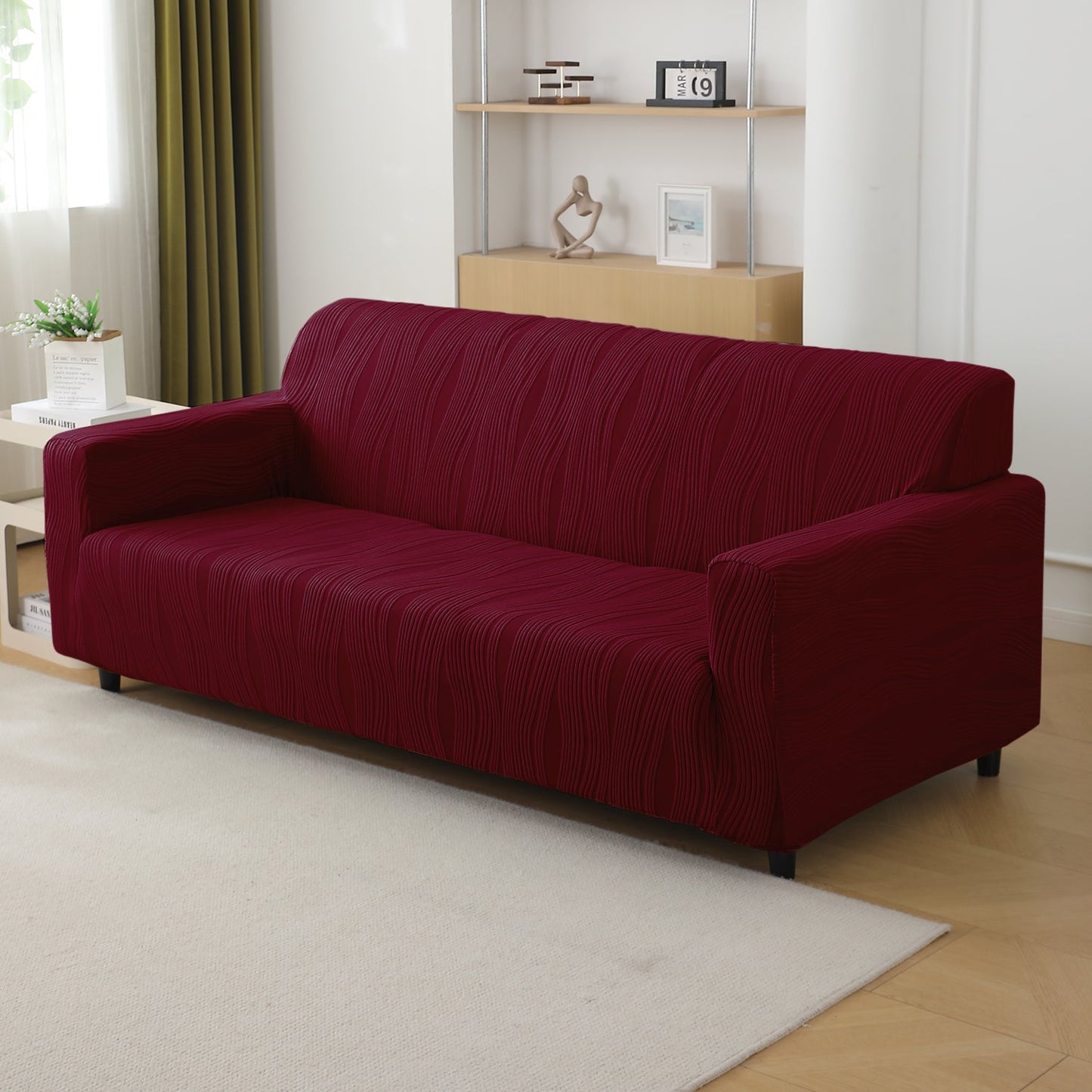 200gsm Knitting Jacquard Sofa Cover 1/2/3/4 Seater Fully Covered, Burgundy