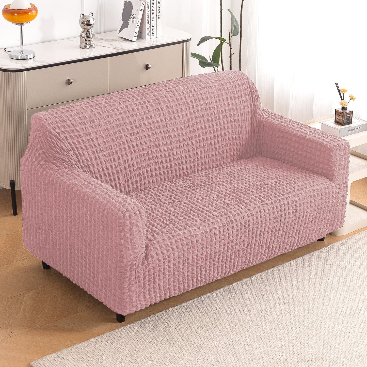 Aria Nova Elastic 280 GSM Stretchable Bubble Sofa Cover, Tea Rose Pink