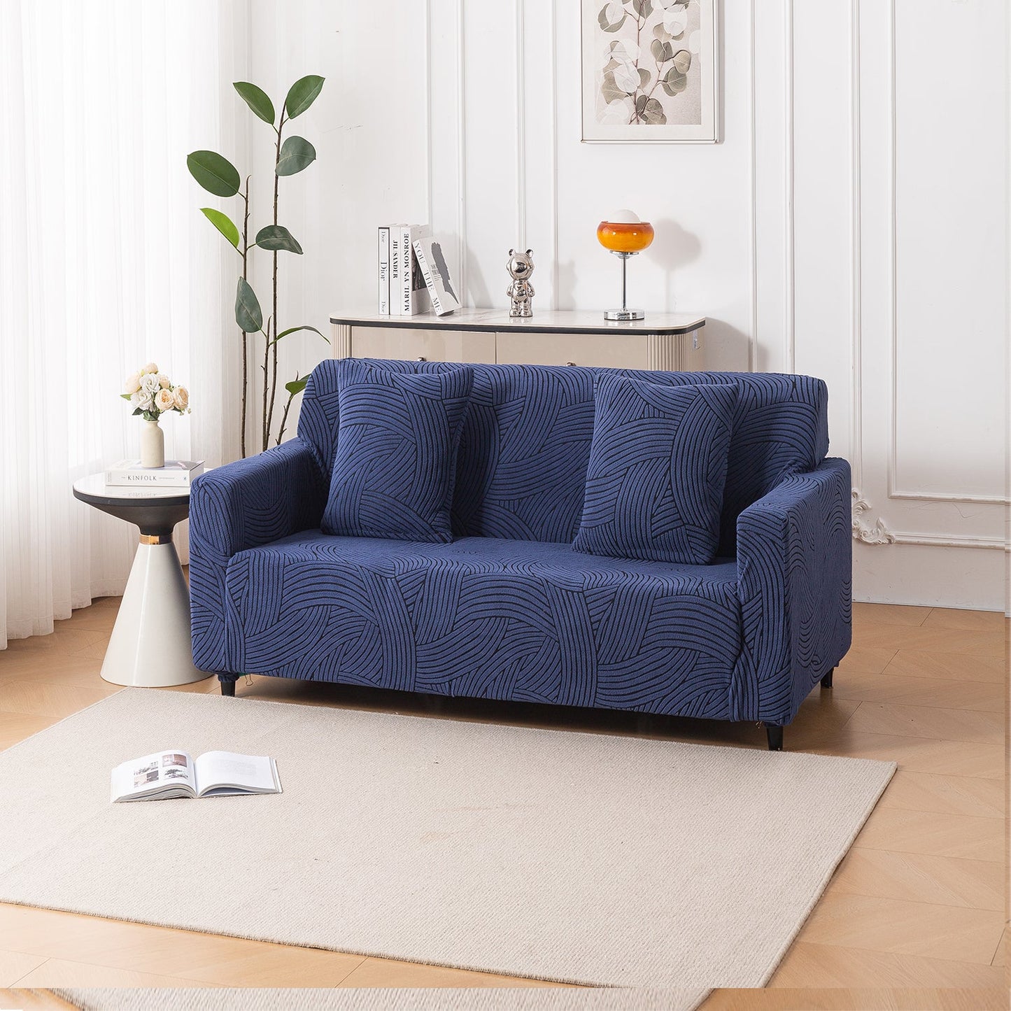 'WaveLine Series' Jacquard Sofa Cover 1/2/3/4-seater Fully Covered, Royal Blue