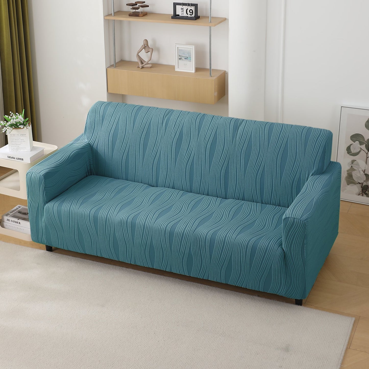 200gsm Knitting Jacquard Sofa Cover 1/2/3/4 Seater Fully Covered, Sea Blue