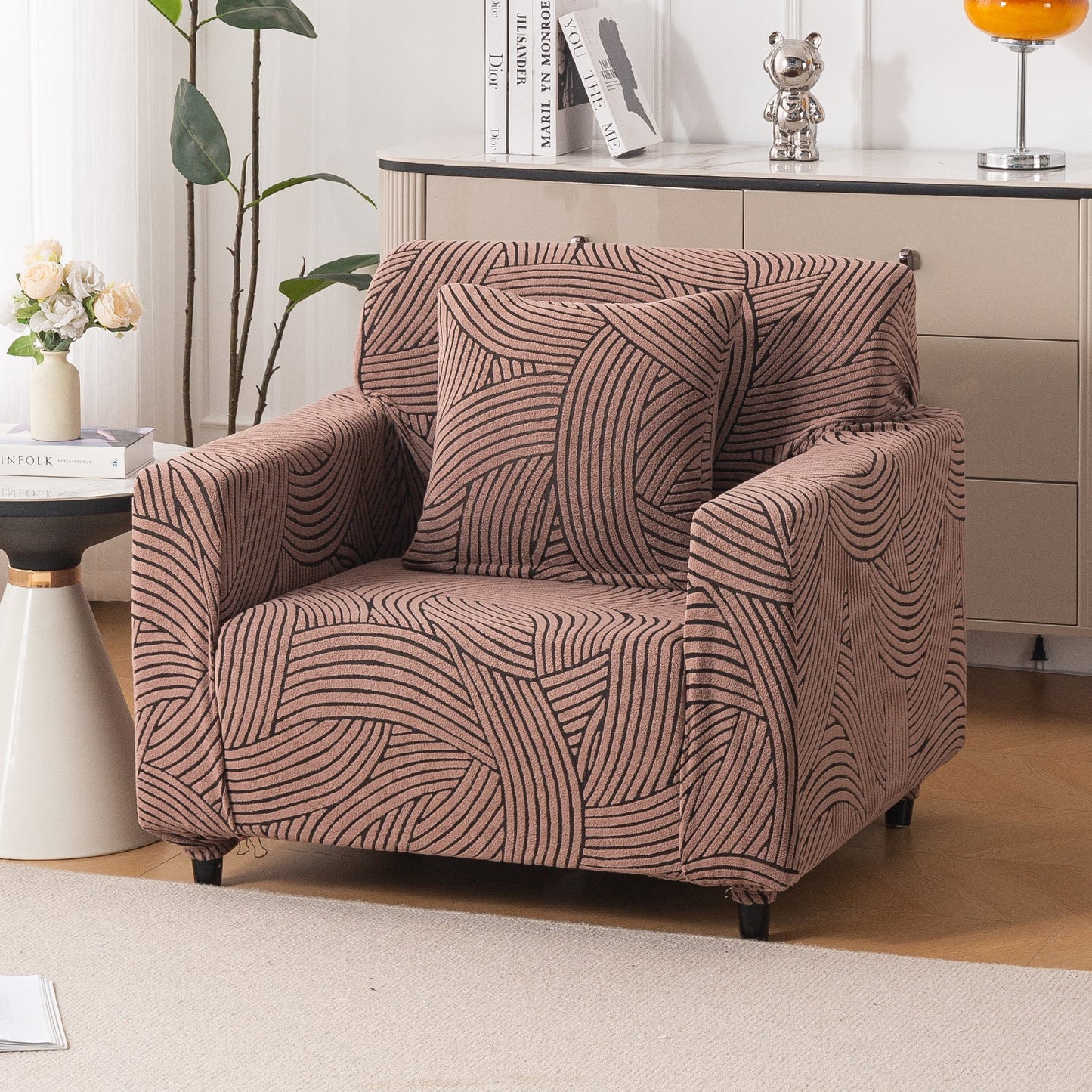 'WaveLine Series' Jacquard Sofa Cover 1/2/3/4-seater Fully Covered, Rust Brown